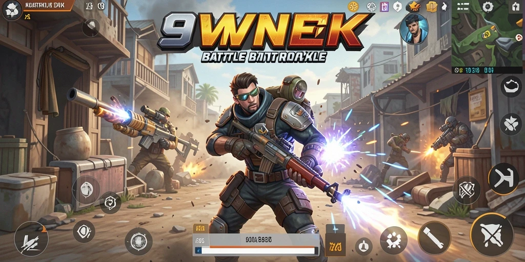 Screenshot utama 9WIN menunjukkan aksi Battle Royale yang mendebarkan.