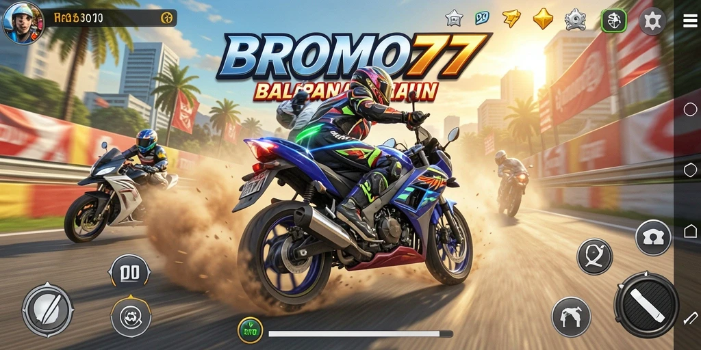 Tampilan gameplay BROMO77 yang seru dalam balapan motor.