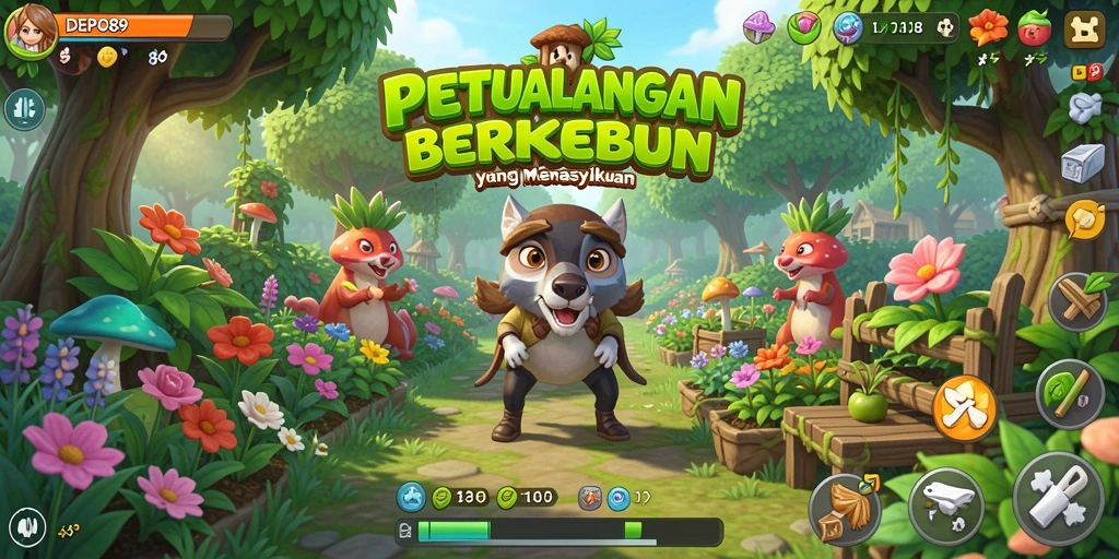 Screenshot gameplay DEPO89 menunjukkan kebun yang subur dan beragam jenis tanaman.