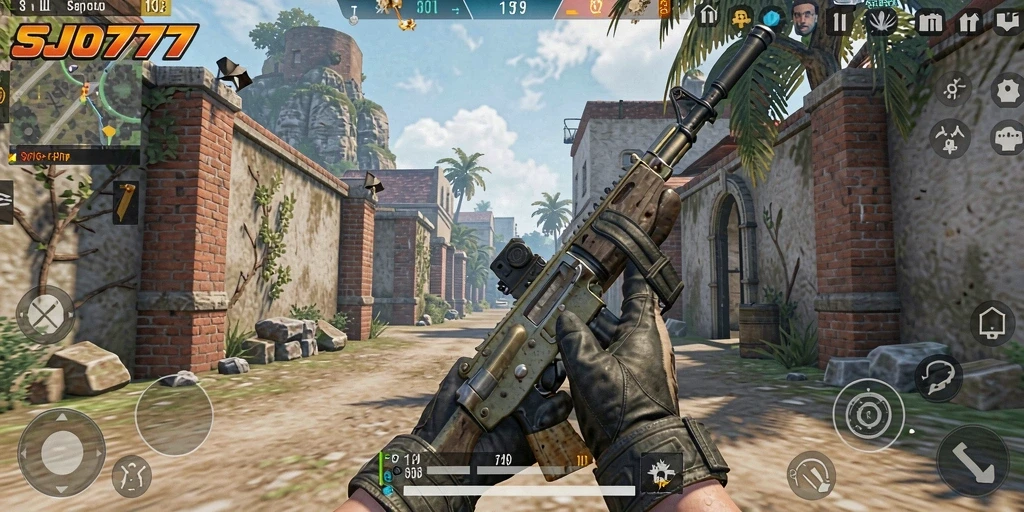 Screenshot gameplay SJO777 dengan adegan pertempuran FPS yang mendebarkan.